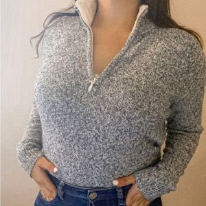 Woolroch Indigo Heather Light blue marled quarter zip Faux fur Collared Sweater